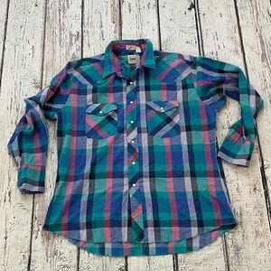 Vintage Lee Western Plaid Rockabilly Cowboy Rancher Men's Pearl Snap Shirt